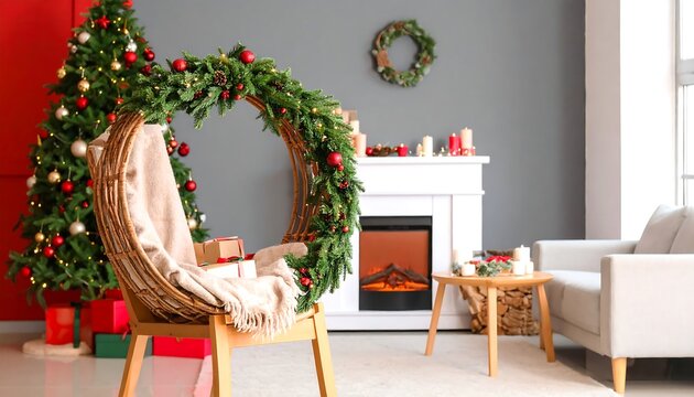 Christmas decorated chair in living room - Powered by Adobe