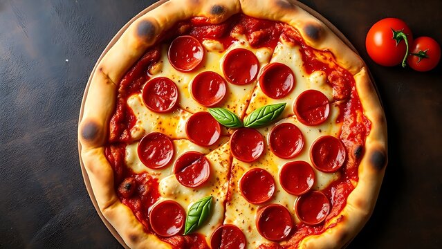 A gourmet pepperoni pizza with melted cheese, presented in an inviting overhead composition.