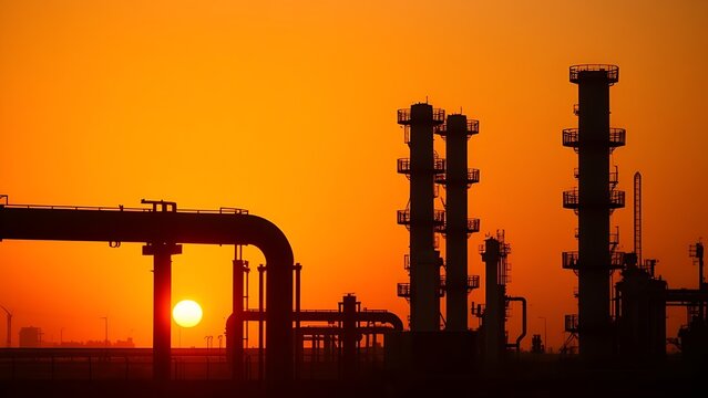 Industrial refinery at sunset with steel structures against a dramatic orange sky.