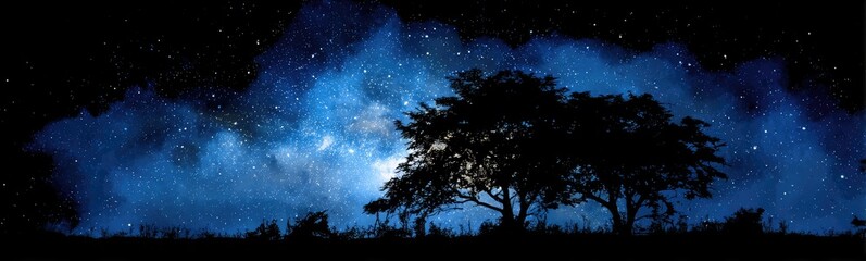 Silhouetted trees against a vibrant night sky filled with stars and nebulae