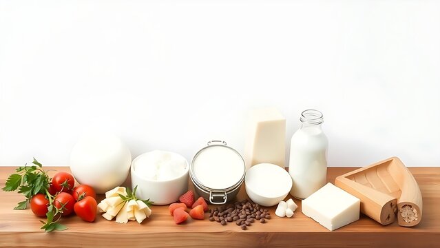 Fresh dairy products neatly arranged on a wooden surface, highlighting their natural appeal.