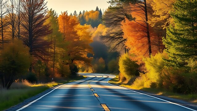 A scenic Swedish autumn road lined with vibrant trees under warm golden sunlight.