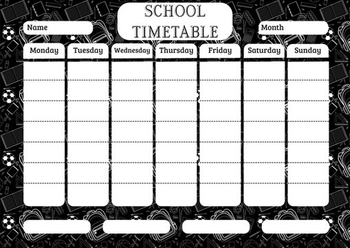 Blank school timetable template with black and white stationery background