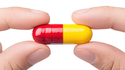 Isolated red and yellow capsule held fingers transparent background with clear focus and detail