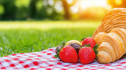 Fresh Strawberries and Croissants on a Picnic Blanket with a Basket in a Sunlit Green Park Setting Perfect for Culinary and Outdoor Themes