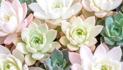 Close-up of numerous succulents, pastel hues, tightly clustered
