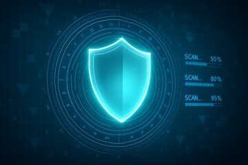 Digital shield security scan progress with futuristic interface and data visualization