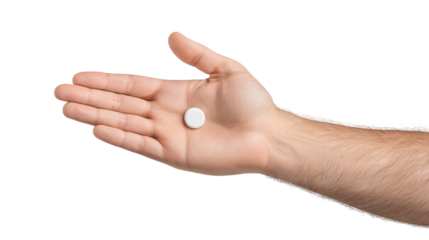 Isolated white pill on open hand isolated on transparent background with clear view
