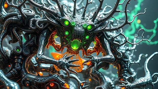 Metallic fractal creatures consuming each other in a cybernetic ecosystem with visible energy transfers.