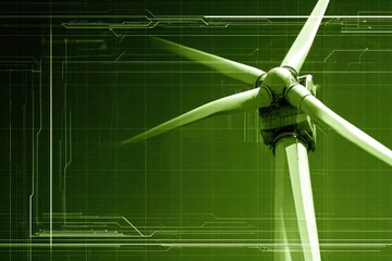 A stylized illustration of a wind turbine, set against a green background with digital graphic overlays. 