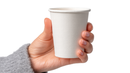 White paper cup isolated on transparent background held by hand with soft light