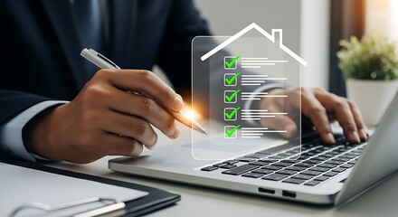 Real estate agent checking property list on laptop for business