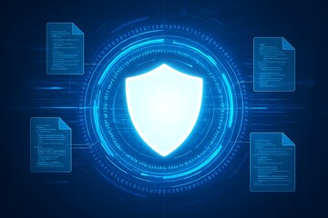 Digital shield protecting data files with binary code and futuristic interface