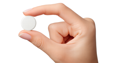 Hand holding white round pill isolated on transparent background with clear focus and detail