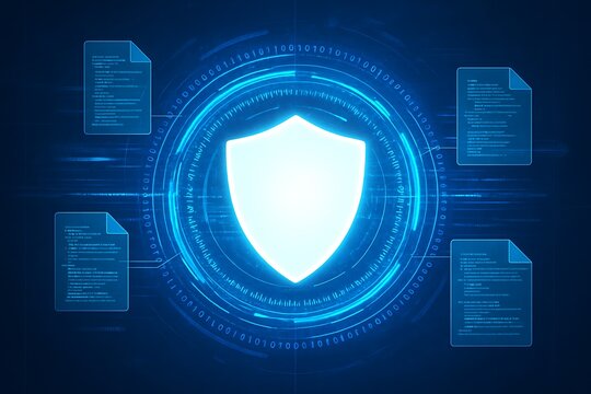 Digital shield protecting data files with binary code and futuristic interface