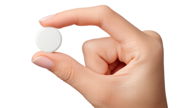 Hand holding white round pill isolated on transparent background with clear focus and detail - Powered by Adobe