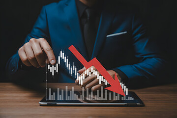 Businessperson pointing to decreasing stock chart on tablet, indicating market decline