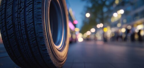 The tire on a bustling urban street illuminated by evening lights.