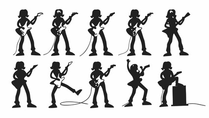 Fototapeta premium Silhouettes of guitarists performing on stage with different poses and playing styles in black and white style