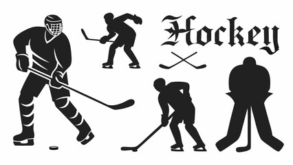 Fototapeta premium Silhouetted hockey players in action poses with crossed sticks and the word hockey in gothic font design