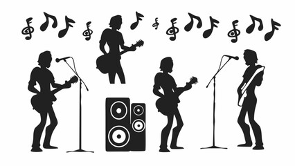 Silhouette of a rock band performing on stage with musical notes and speakers in black and white style