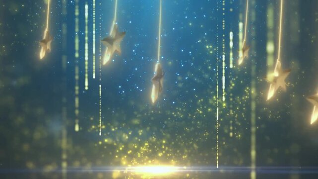 &Eacute;toiles dor&eacute;es suspendues se balan&ccedil;ant parmi des &eacute;clats lumineux dor&eacute;s et bleus, ambiance f&eacute;erique avec scintillements et feu de Bengale, espace n&eacute;gatif copyspace