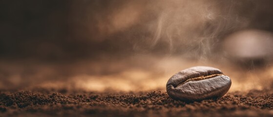 The Coffee Bean Relaxing in Ground Coffee with Steam Rising.
