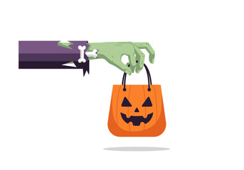 Zombie hand holds orange pumpkin halloween trick or treat bag, perfect for festive designs and spookythemed projects.