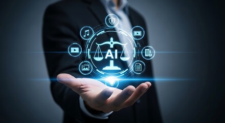 Artificial intelligence and law concept with glowing icons