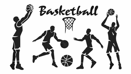 Silhouette illustration showing basketball players in action with a net and basketball text