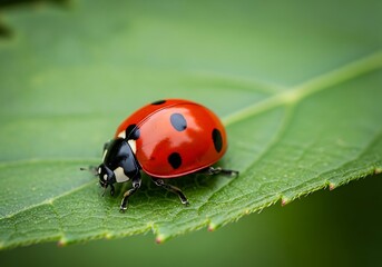 Closeup of a red ladybug with black spots on a green leaf