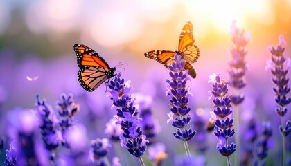 Monarch butterflies on lavender flowers in a sunny garden.