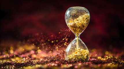An overflowing hourglass with golden moments above and dark shadows below, representing procrastination and time.