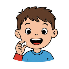 Obraz premium A happy cartoon boy with brown hair proudly holding his lost baby tooth with a wide smile.