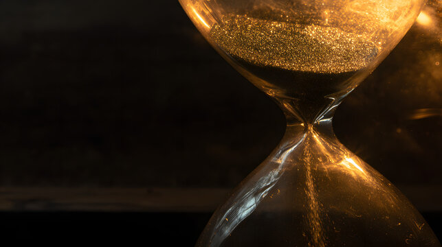 An overflowing hourglass with golden moments above and dark shadows below, representing procrastination and time.