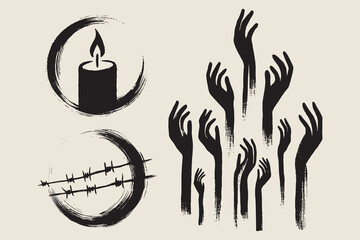 Holocaust Remembrance Day candle barbed wire and raised hands vector illustration