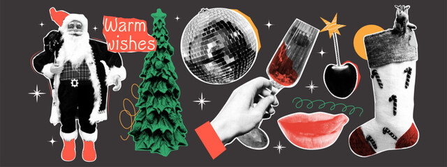 Halftone Christmas party collage. Retro pop art stickers of Santa, tree, disco ball, hand with glass of champagne, lips, cherry, stocking. Elements with dotted texture and vintage style.