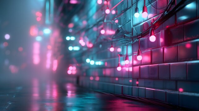 Cyberpunk futuristic cityscape with soft diffused neon lights, wet bricks, glowing signage, and foggy air