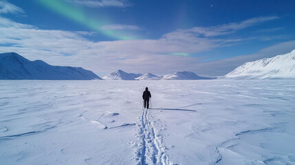Naklejka premium Solitary Hiker Walking on Snowy Terrain Under Colorful Aurora Borealis Lights in Serene Arctic Landscape