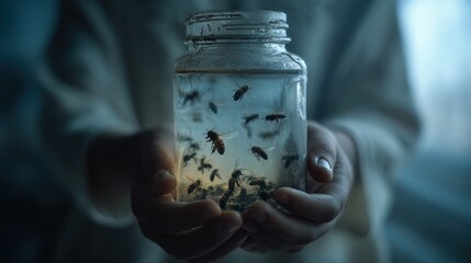 A childâ€™s hands holding a loosely sealed jar with bees trapped inside