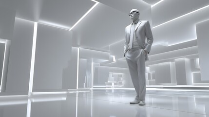 Fototapeta premium Digital male avatar in futuristic minimalist smart office with ambient lighting