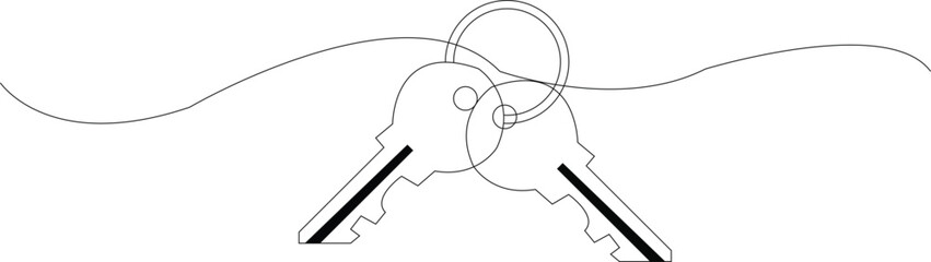 
Minimalist continuous one line drawing of a key for security and unlock concept. 
One line drawing of big key isolated on white background continuous line.
