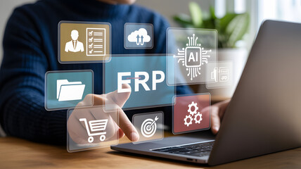 Business professional interacting with digital ERP system interface for efficiency