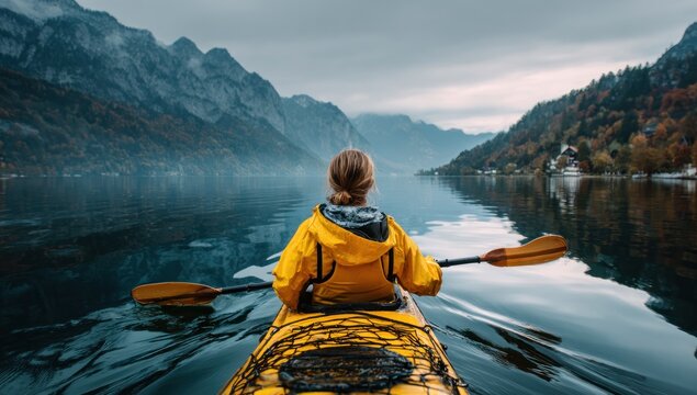 Kayaker on a serene lake surrounded by mountains - Powered by Adobe