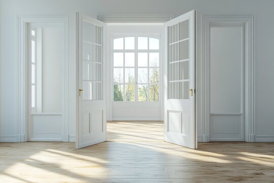 Living room interior with opened doors, offering a spacious and airy atmosphere. 3D rendering, Generative AI
