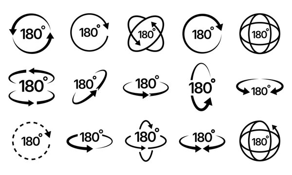 180 degrees vector icon set. Round signs with arrows rotation to 180 degrees.180 degree angle half circle than 360 degree. 180 degrees logo, label, badge, symbol, banner, black, line, isolated.