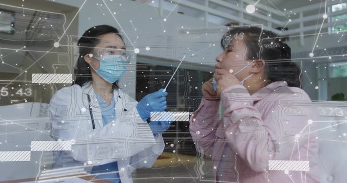 Doctor picking up nasal swab collecting sample for medical testing with animated insertion guide