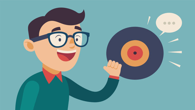 A man with thickrimmed glasses gingerly pulls out a record eyes lighting up as he recognizes the iconic cover design. Vector illustration