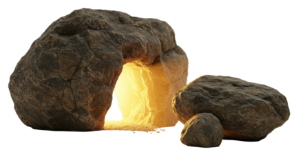 Ancient rock cave entrance with intricate earthy textures, large boulder rolled aside revealing intense warm golden light on a white studio background, visual metaphor for unlocking potential