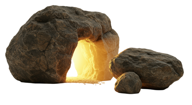 Ancient rock cave entrance with intricate earthy textures, large boulder rolled aside revealing intense warm golden light on a white studio background, visual metaphor for unlocking potential